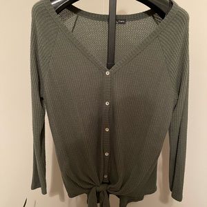 Green V Neck Button Down Tie Shirt